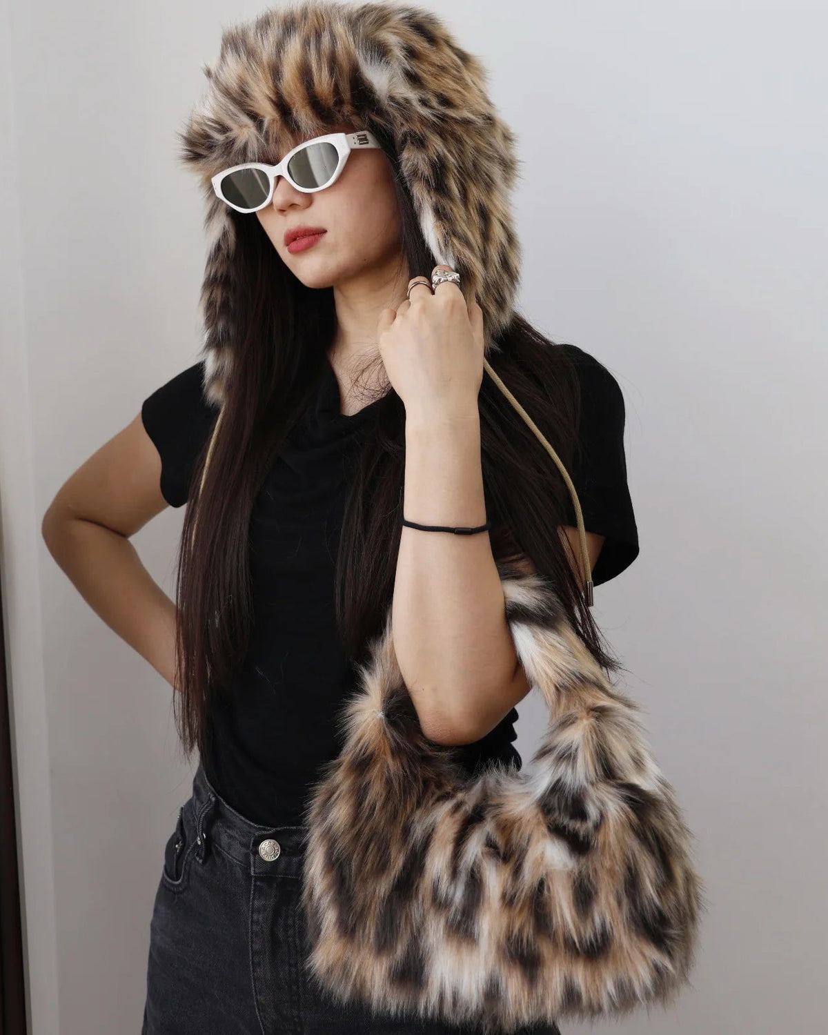 Leopard Faux Fur Baguette Shoulder Bag