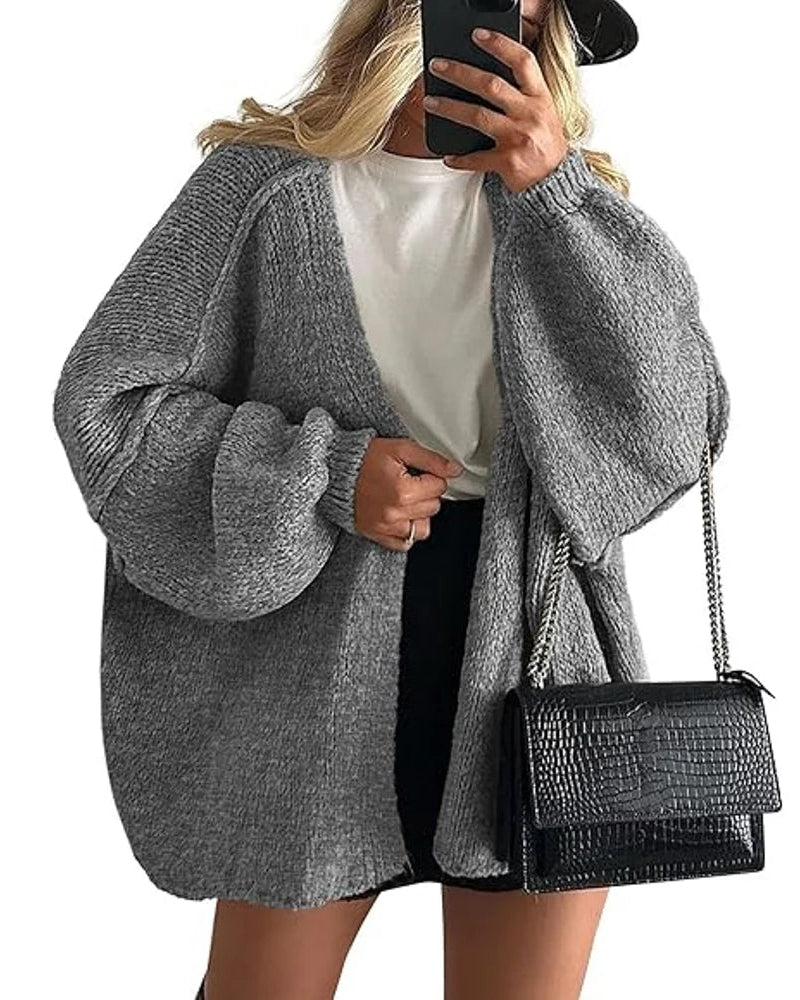 Solid V-Neck Loose Long Knit Cardigan Coat