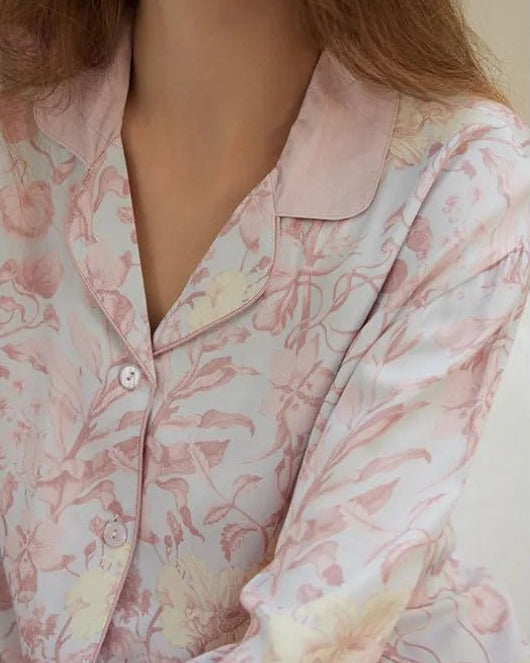 Rayon Satin Floral Print Lapel Pajamas