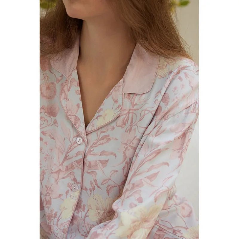 Rayon Satin Floral Print Lapel Pajamas