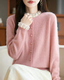 Merino Wool Solid Fringe Collar Button Knit Cardigan