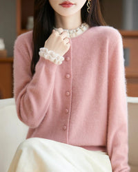 Merino Wool Solid Fringe Collar Button Knit Cardigan