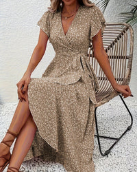 Floral Print V-Neck Lace-Up Flare Sleeve Midi Dress