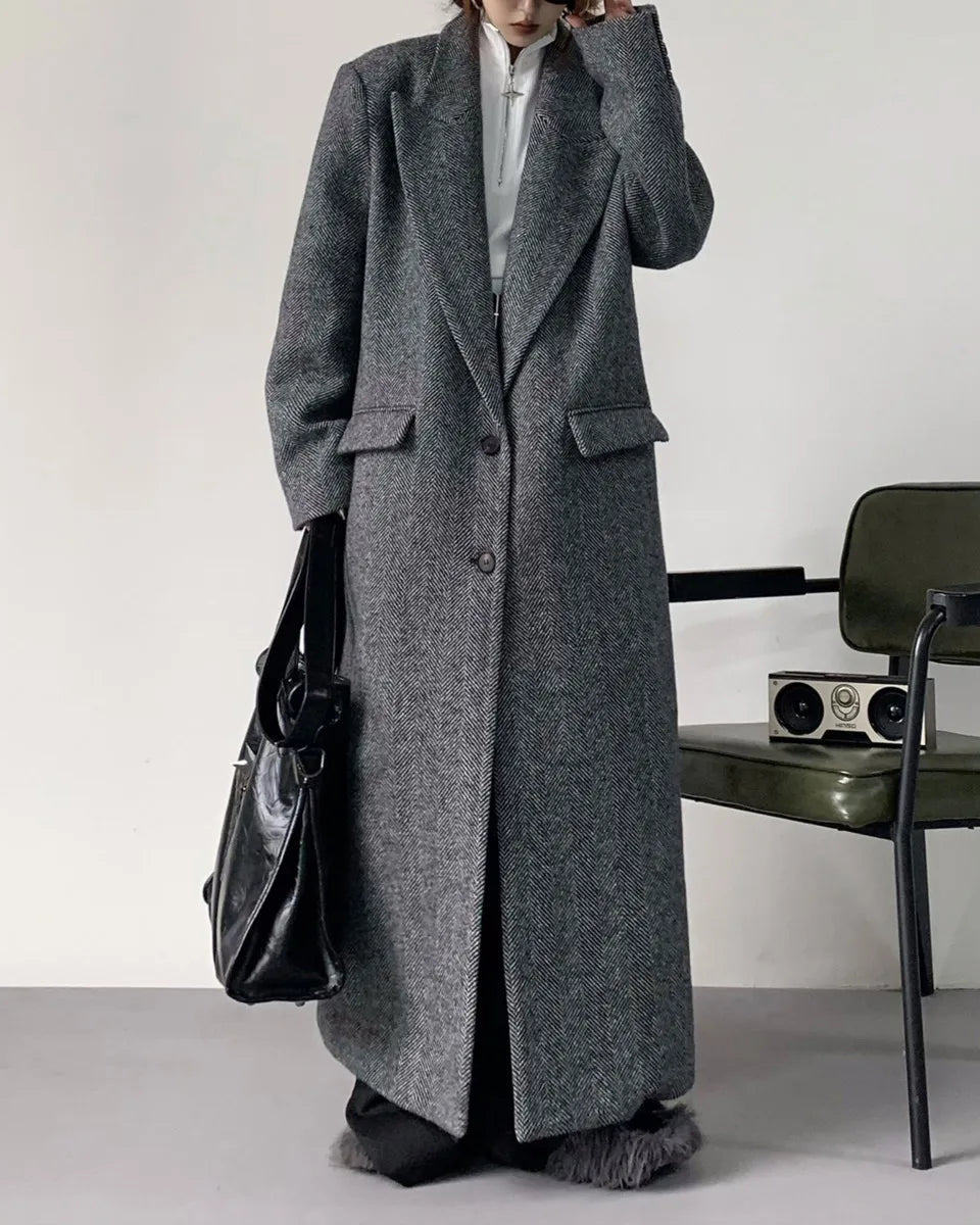 Herringbone Wool Blend Loose Long Coat