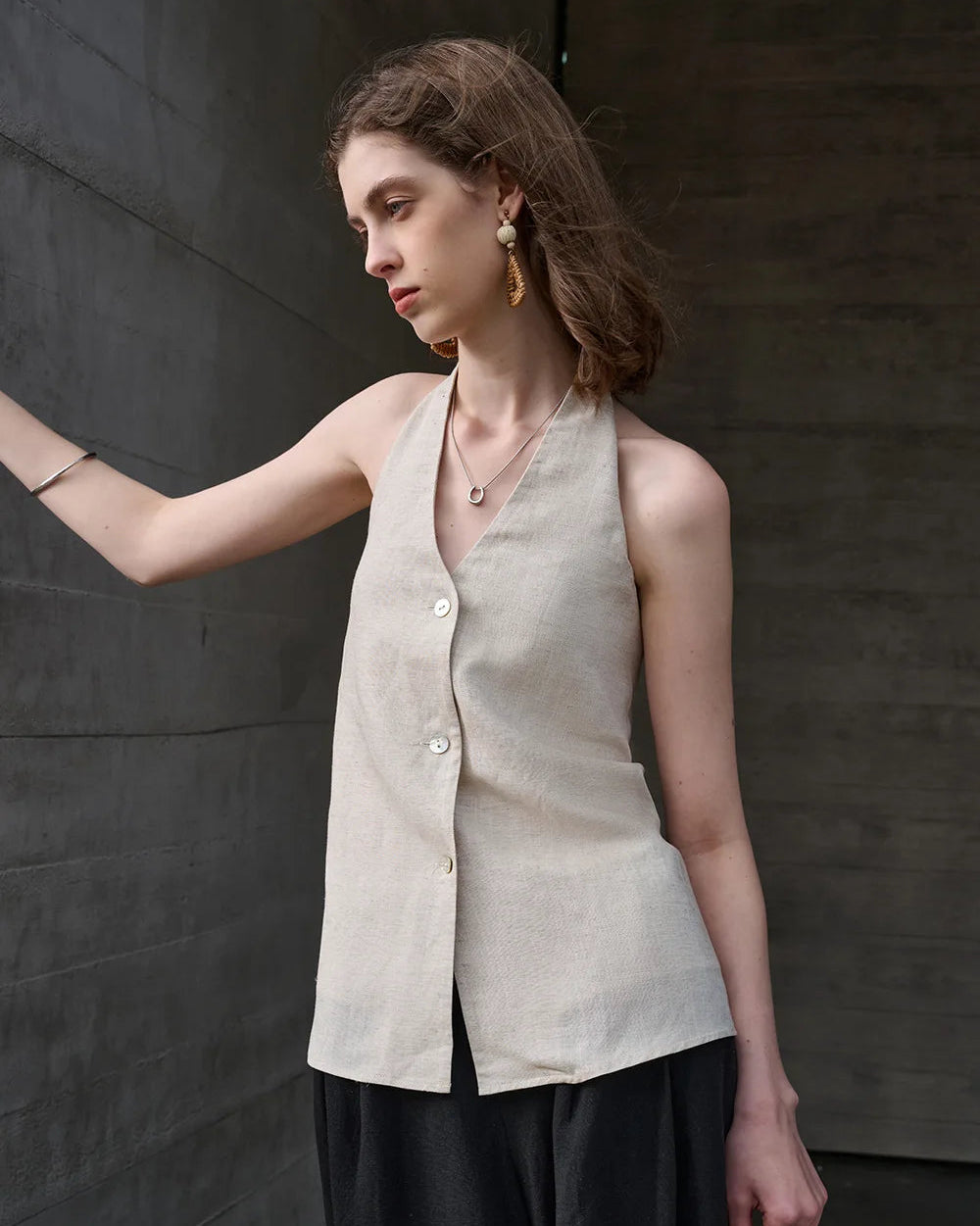 Elegant Linen V-Neck Backless Sleeveless Vest
