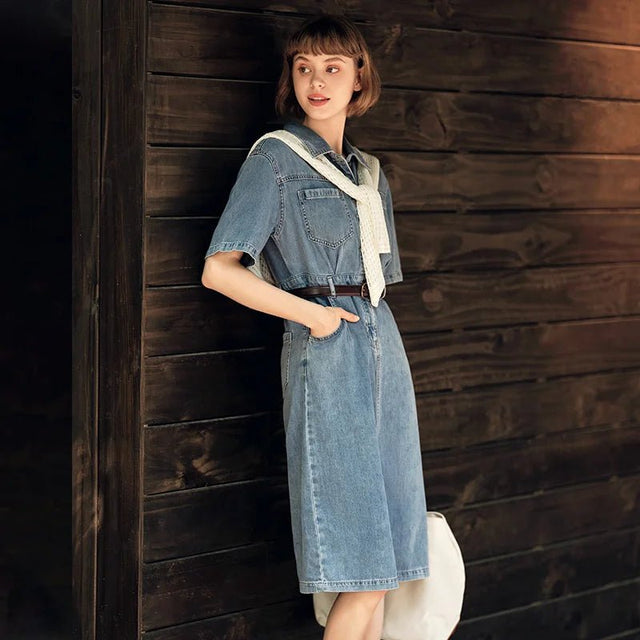 Waist-tightening High-end Long Denim Dress
