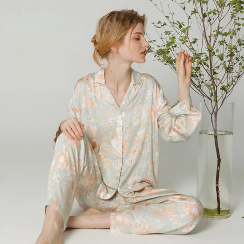 Flowers Print Shirt & Trousers Pajamas Set