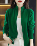 Merino Wool Solid Half-High Collar Zip Loose Knit Cardigan