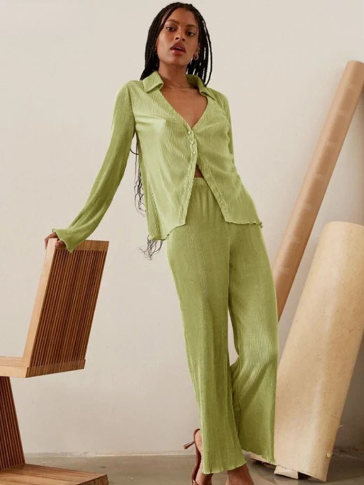Pleated Long Sleeve Shirt And Pants Set