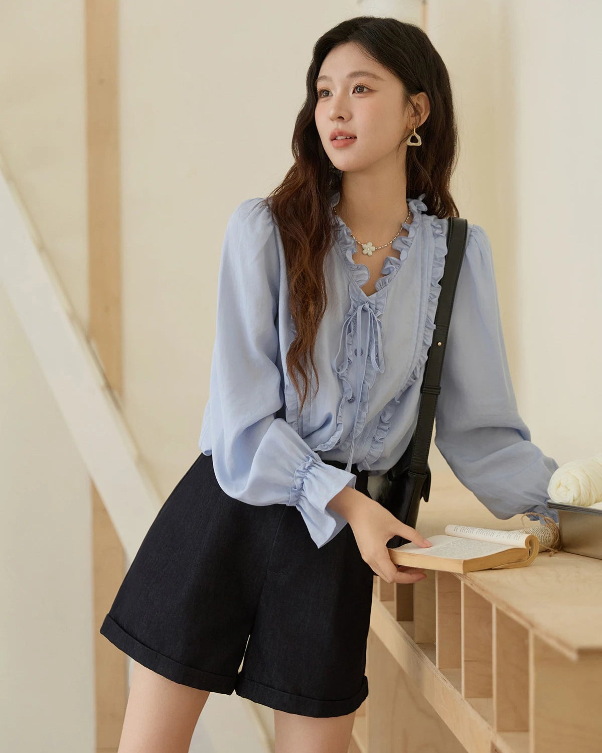Ruffled Tie-Front Loose-Fit Shirt