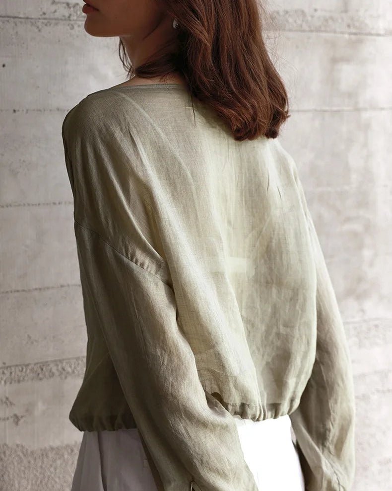 Ramie Crew Neck Long Sleeve Drawstring T-Shirt