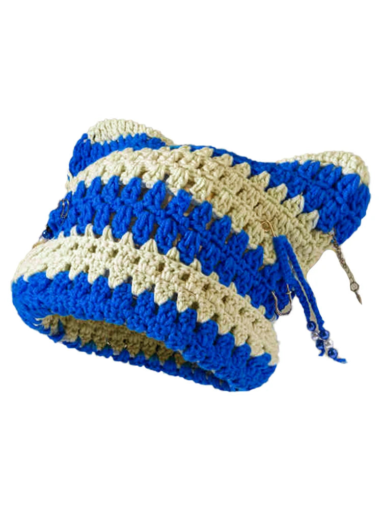 Striped Crochet Cat-Ear Beanie
