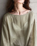 Ramie Crew Neck Long Sleeve Drawstring T-Shirt