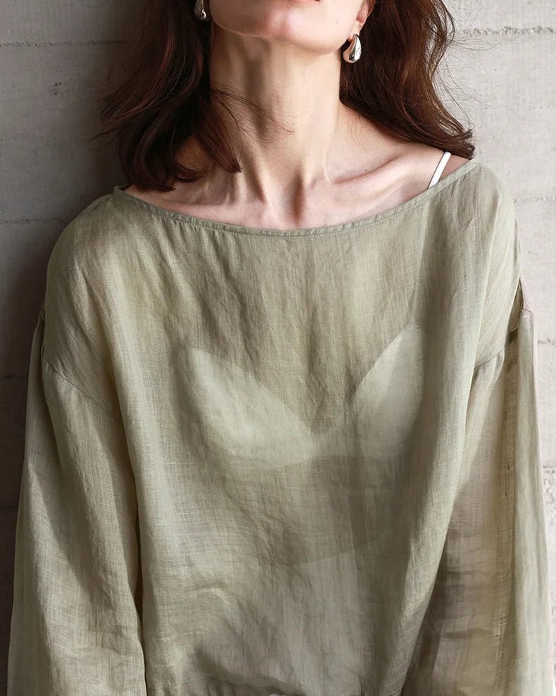 Ramie Crew Neck Long Sleeve Drawstring T-Shirt