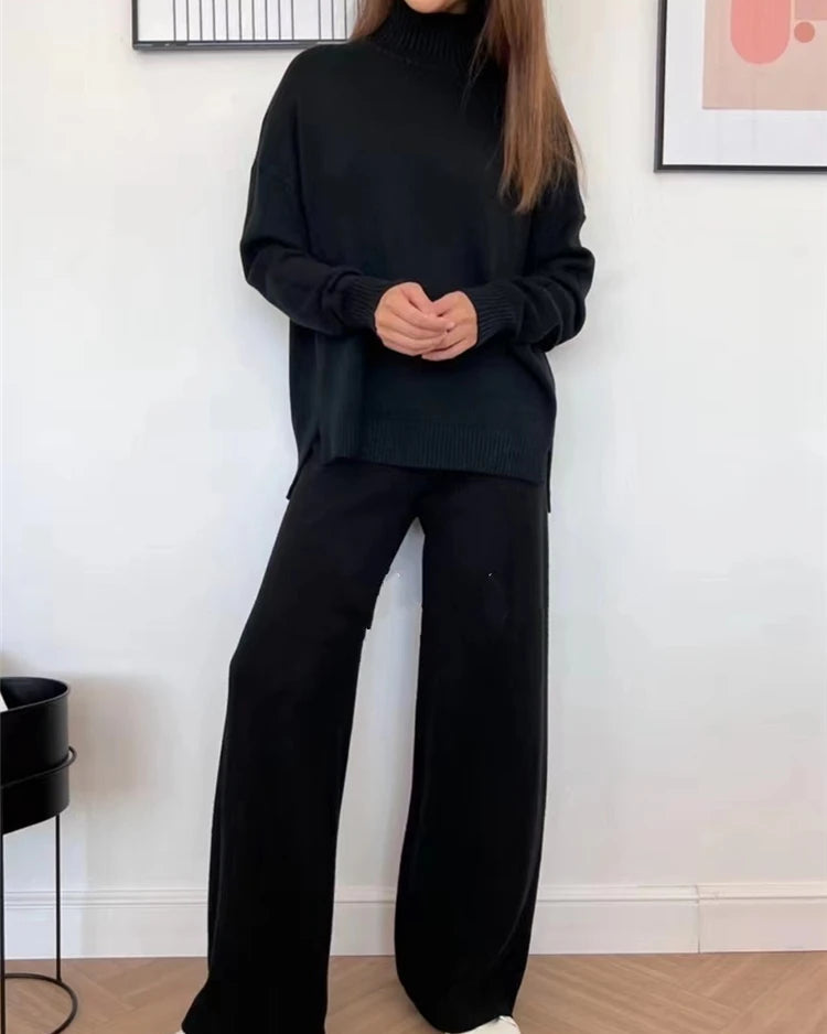 Half-Turtleneck Knit Sweater & High Waist Wide-Leg Trouser 2-Piece Set