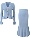 V-Neck Flare Sleeve Knit Cardigan & Mermaid Maxi Skirt Set