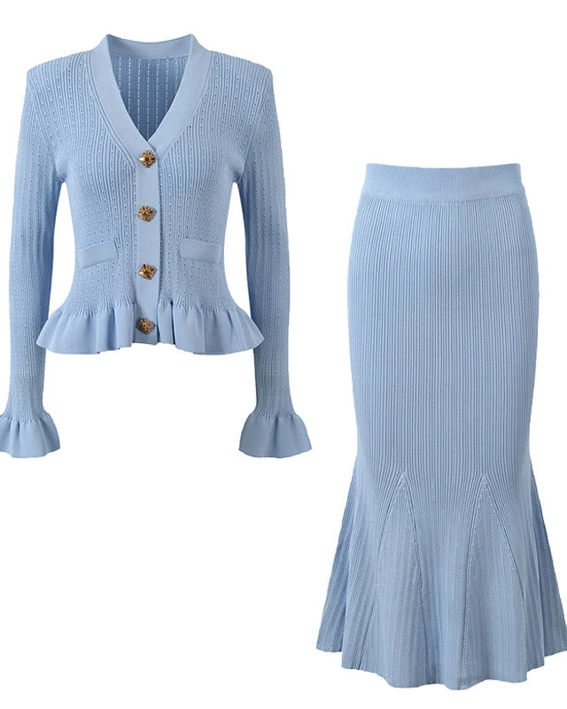 V-Neck Flare Sleeve Knit Cardigan & Mermaid Maxi Skirt Set