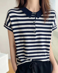 Women's Striped Cotton Polo Collar Tee from Gentle Herd. A breathable, relaxed-fit knit top with drop shoulders — effortlessly styled for summer and beyond. 