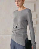 Crew Neck Long-Sleeved Irregular Slit T-Shirt