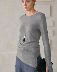 Crew Neck Long-Sleeved Irregular Slit T-Shirt