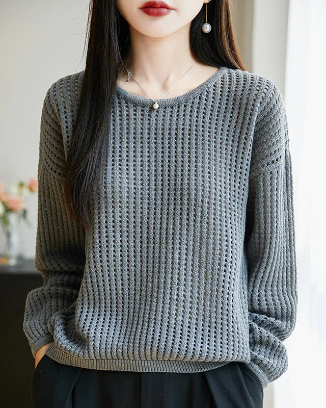 Pure Cotton Openwork Long-Sleeve T-Shirt