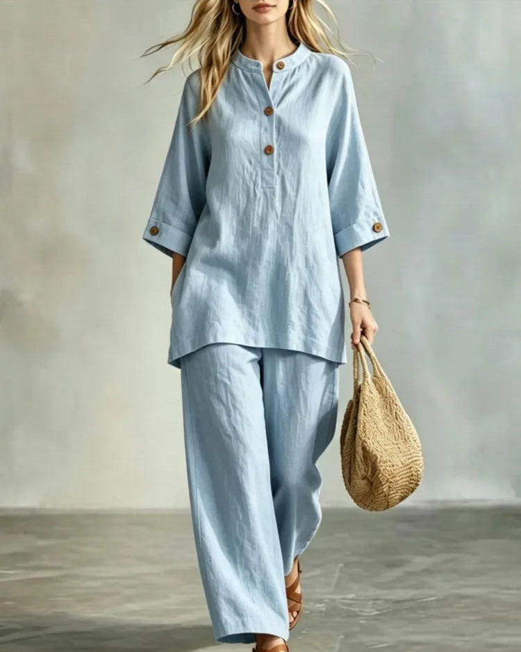 O-Neck 3/4 Sleeve Button Top & Ankle Trouser 2-Piece Set