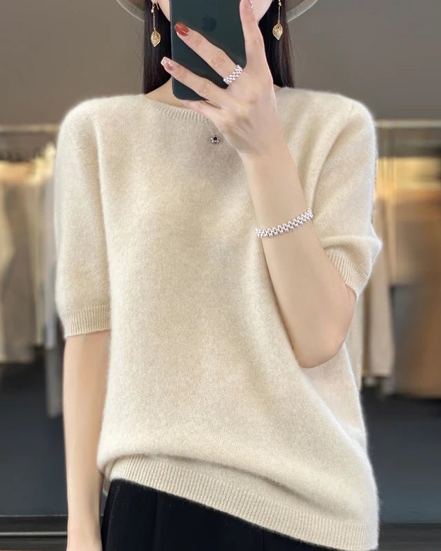 Wool Crew Neck Short-Sleeved Knit Sweater