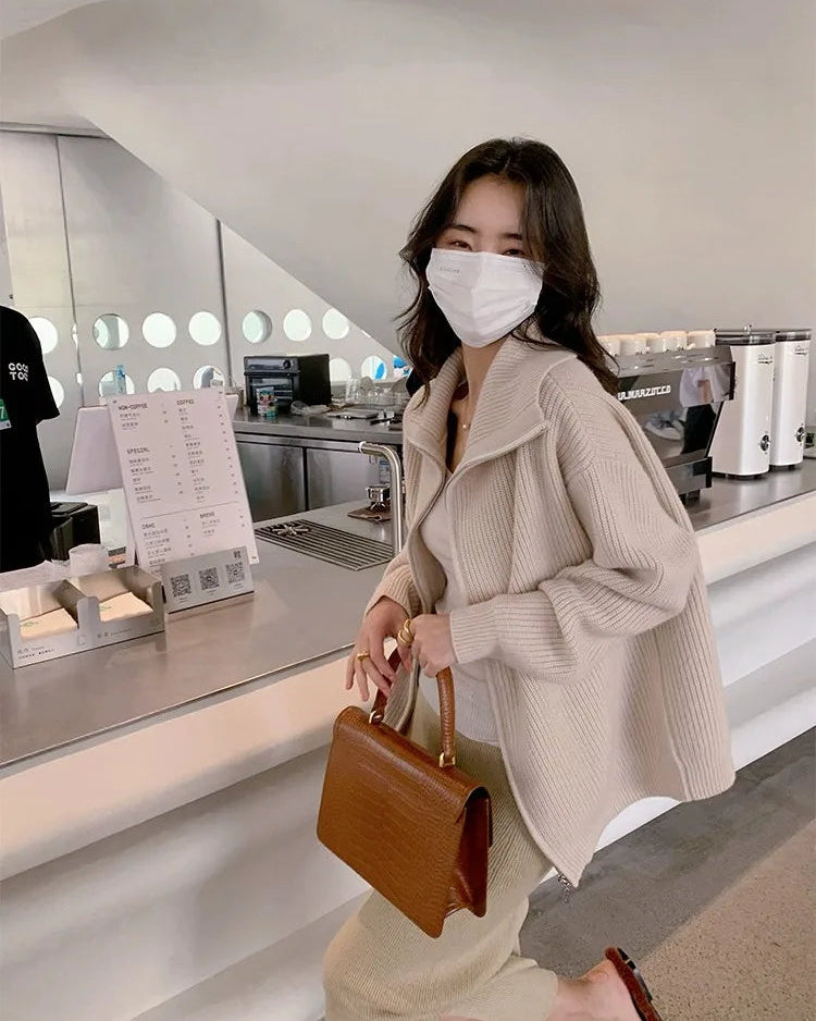 Stand Collar Zipper Cashmere Knit Cardigan