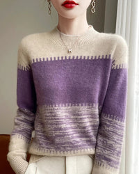 100% merino wool round neck contrast stripe pullover sweater. Heavyweight, slight stretch — a soft, warm office-ready autumn winter knitwear top for women.