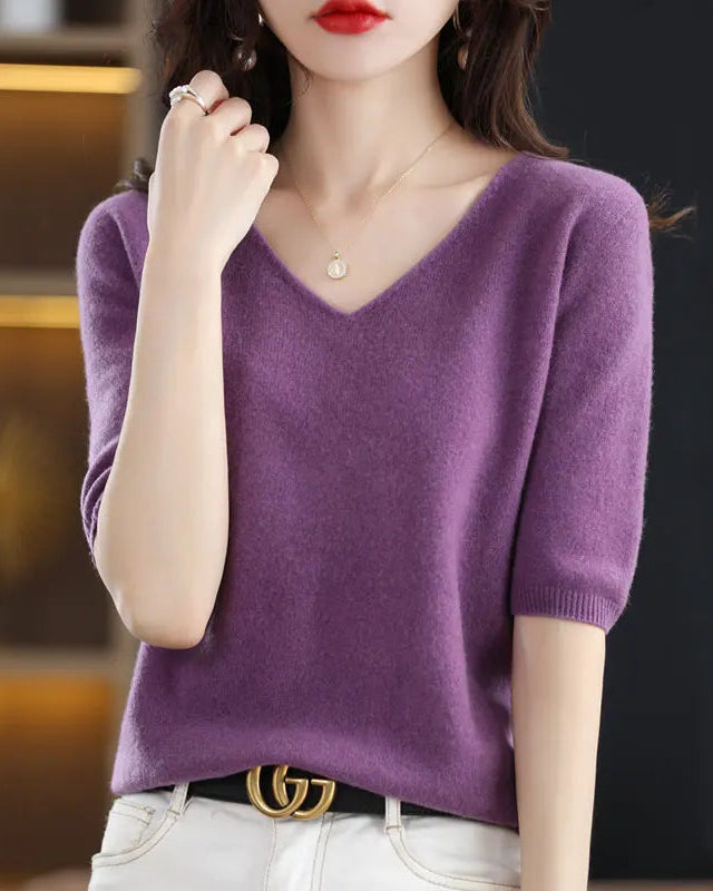 Merino Wool V-Neck Short Sleeve Pullover
