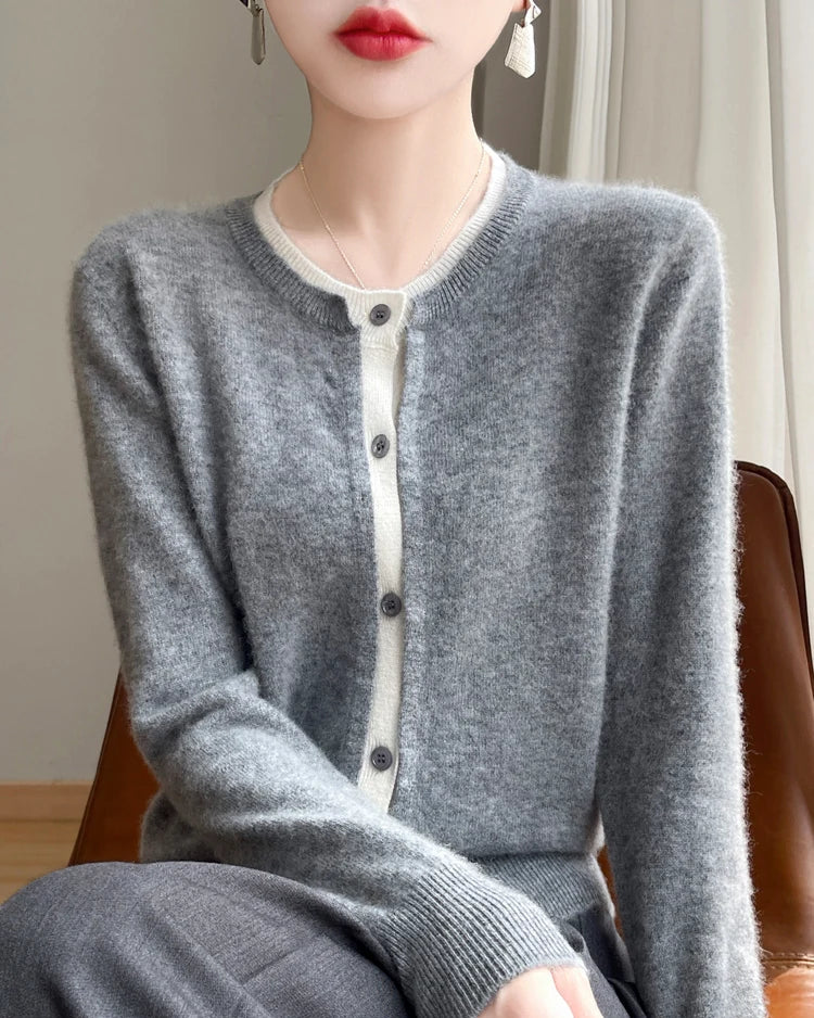 Merino Wool Solid O-Neck Button Knit Cardigan
