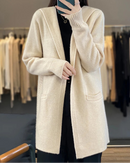 100% Merino Wool Hooded Loose Mid-Long Open Cardigan Coat