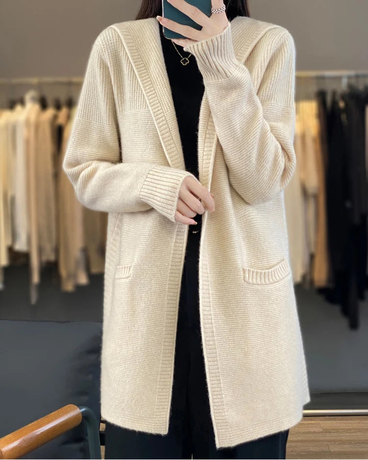 100% Merino Wool Hooded Loose Mid-Long Open Cardigan Coat