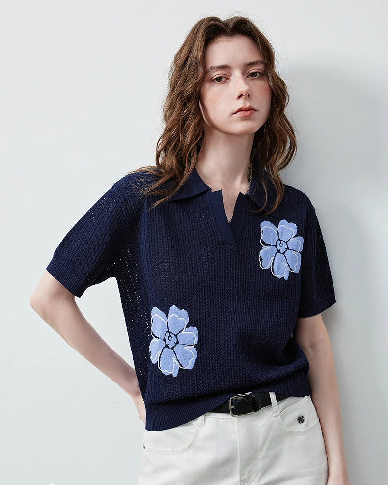 Hollow Floral Knit V-Neck Short-Sleeve Top