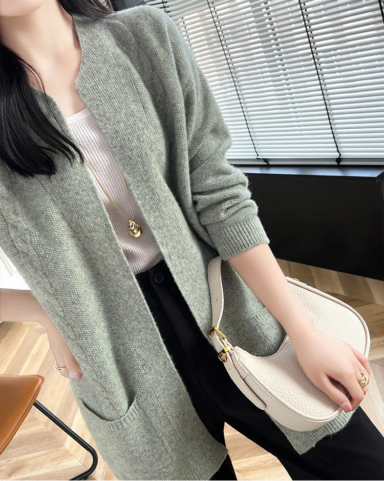 Merino Wool Dot Long Open-Front Cardigan