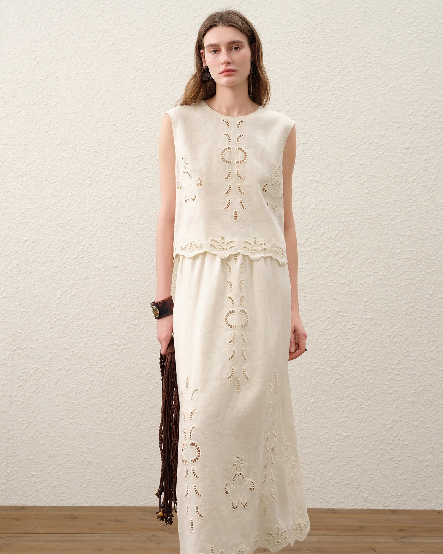 Linen Embroidered A-Line Midi Skirt