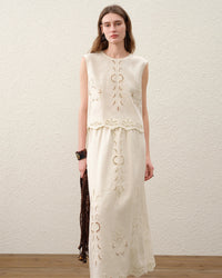 Linen Embroidered A-Line Midi Skirt