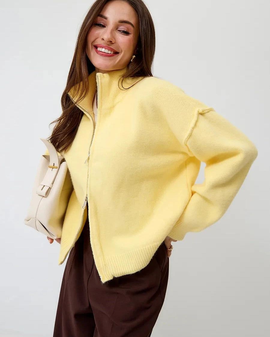 Oversized Knit Zip Cardigan Stand Collar