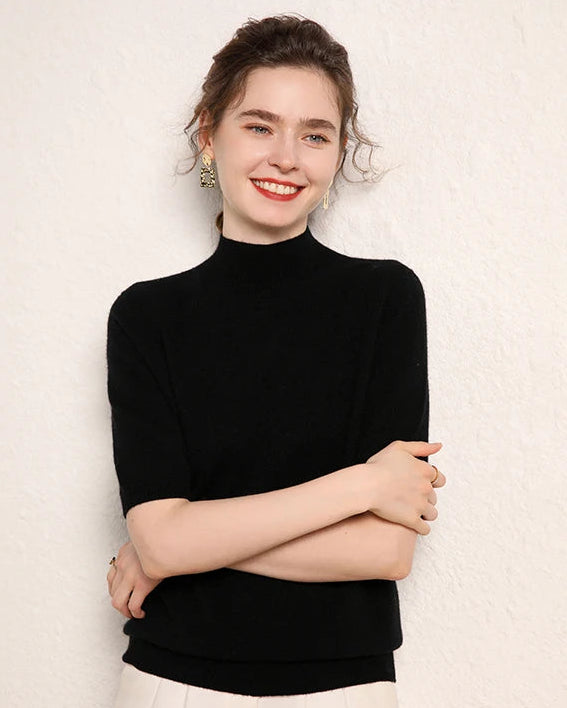 Cashmere Half-Sleeve Mock-Neck Sweater