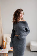 Slash Neck Sweater & Skinny Midi Dress Knitted TrackSuit