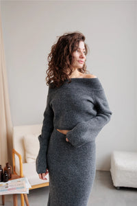 Slash Neck Sweater & Skinny Midi Dress Knitted TrackSuit