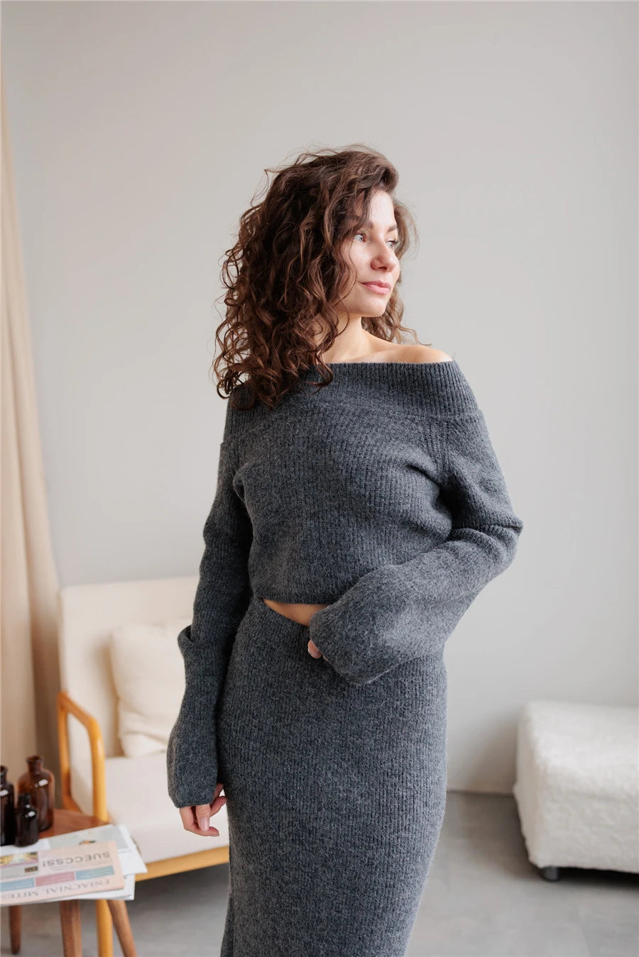 Slash Neck Sweater & Skinny Midi Dress Knitted TrackSuit