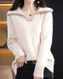 Contrast-Collar Mink Cashmere Sweater