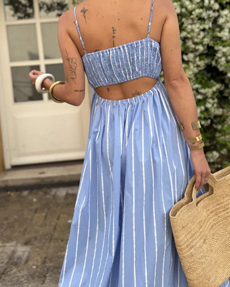 Striped Spaghetti-Strap Backless Maxi Dress