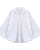 Casual Rolled-Up Wide-Sleeve Striped Shirt