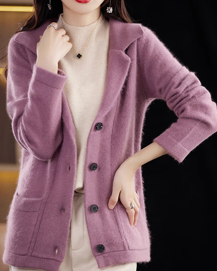 Mink Cashmere Tailored-Collar Knit Cardigan