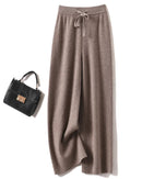 100% merino wool solid elastic waist wide leg knit trousers. Warm, soft, and medium stretch — cosy Korean casual autumn winter knitted pants for women.