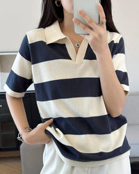 Women's Striped Knit Polo Collar Top. Breathable cotton knit, relaxed fit, classic stripe