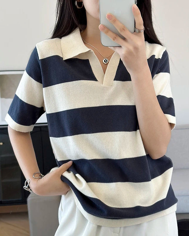 Striped Knit Polo Collar Tee