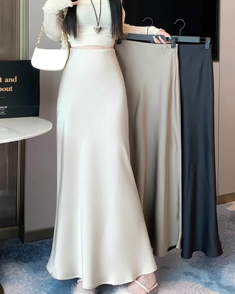 Satin High-Waist Midi Skirt